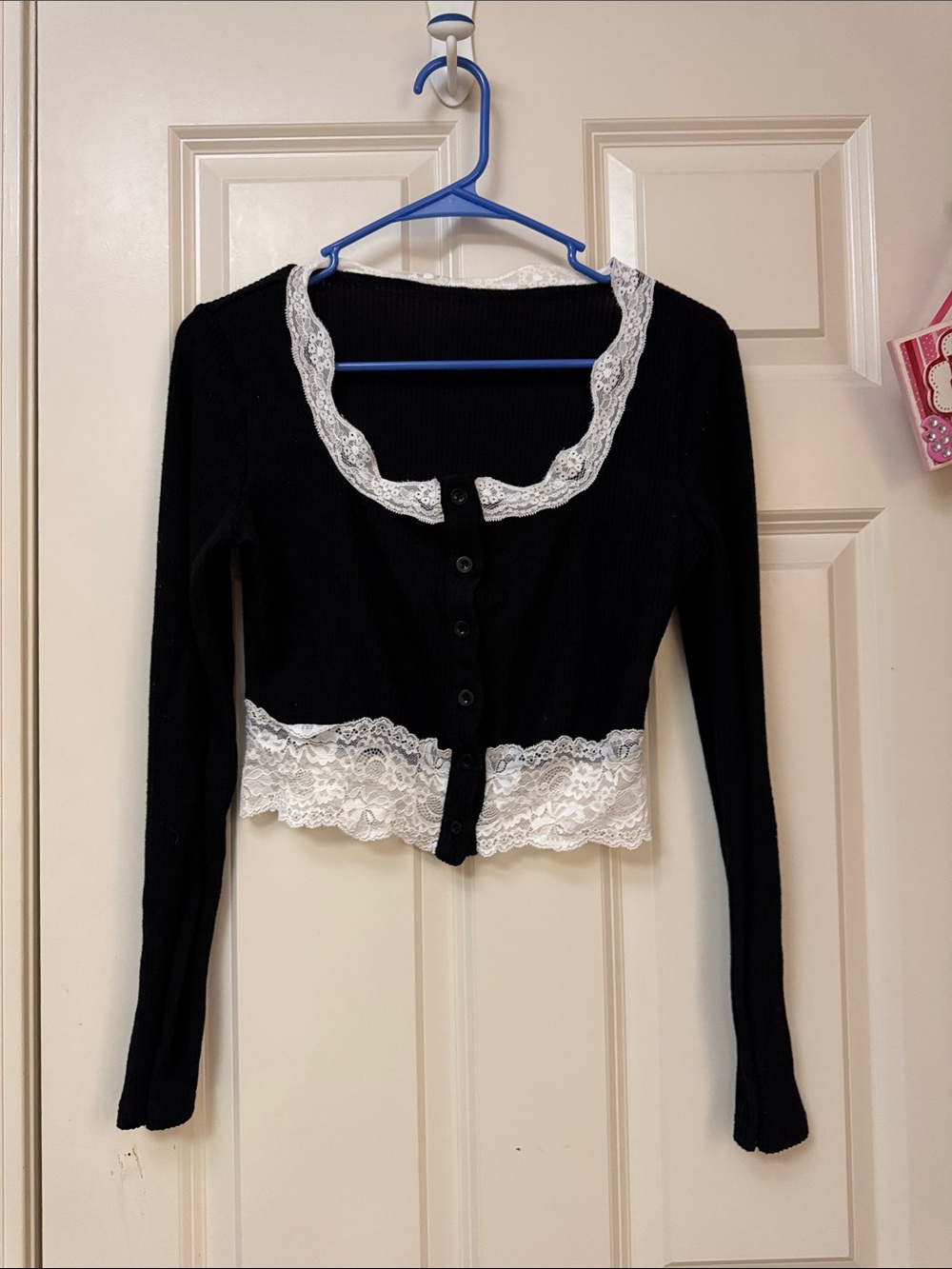 SHEIN Black Long-Sleeve Button Cardigan with White Lace Trim